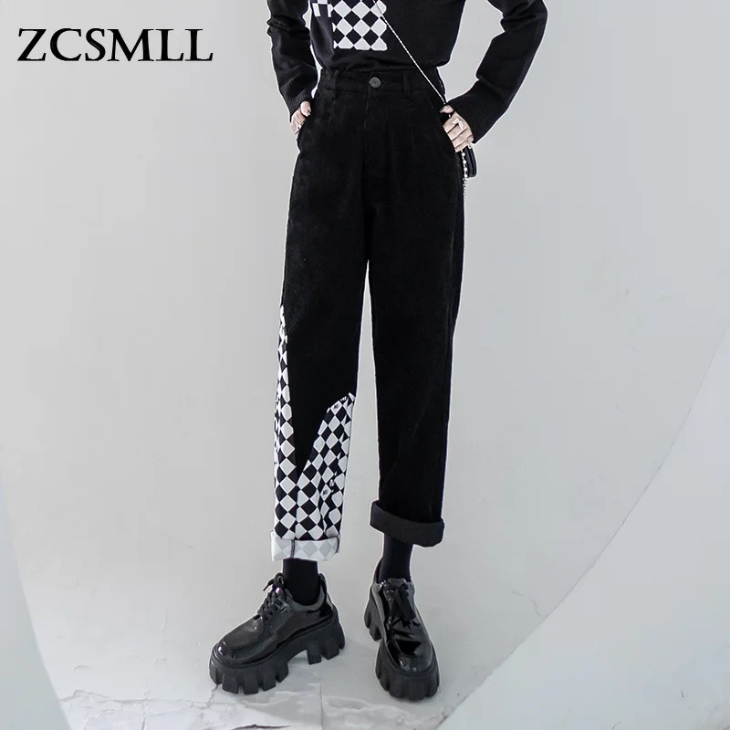 

ZCSMLL High Waist Khaki Plaid Irregular Long Wide LegTrousers New Loose Fit Pants Women Fashion Tide Spring Autumn 2021 TH943