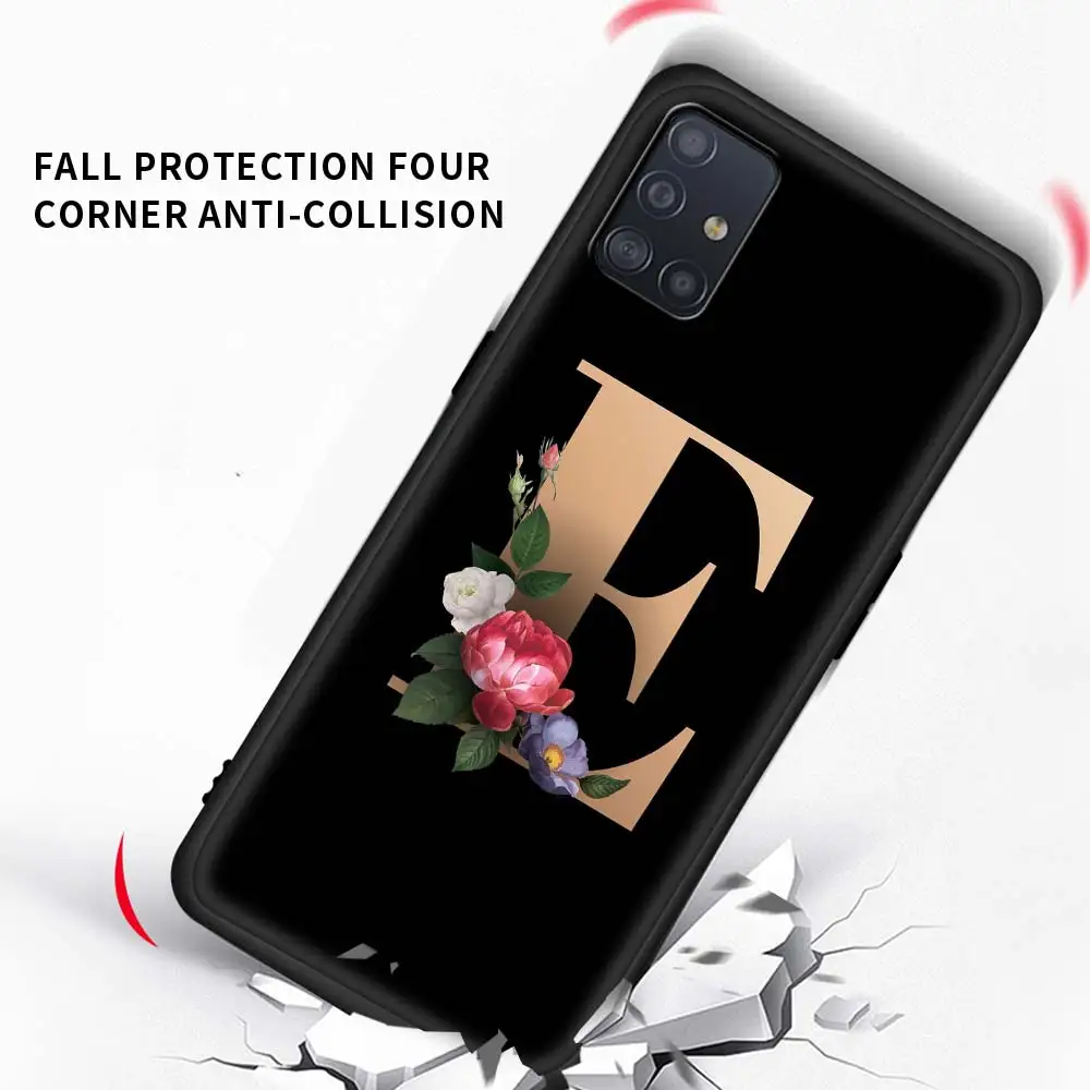 

Case For Samsung Galaxy A51 A71 A21s A31 A41 A11 A12 A01 A91 A72 A21 A42 A32 5G Bolsa Black Shell Tampa Letter Alphabet Flowers