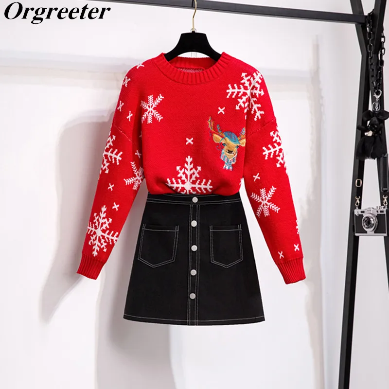 

Рождественский женский зимний свитер, комплект одежды, женский свитер с вышивкой лося и мини-юбка, костюмы, комплект из 2 предметов