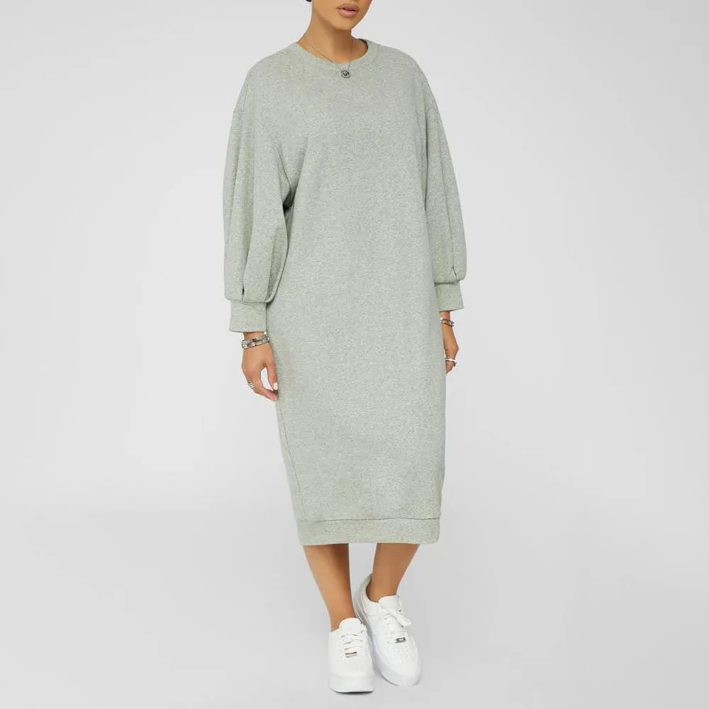 

Dress Solid Color Round Neck Lantern Sleeve Casual Long Section 2021 Autumn Winter New Western Style Fashion Simplicity Women