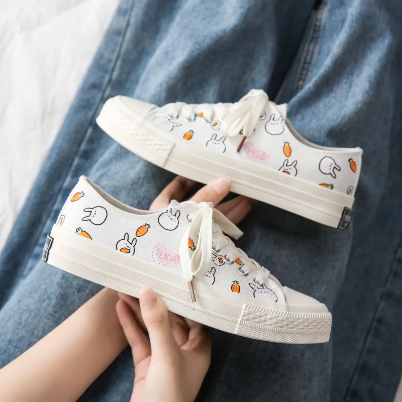 

2021Spring and Summer New Graffiti Bunny Pattern Canvas Shoes for Women All-Match Trendy Board Shoes Student Casual Shoes
