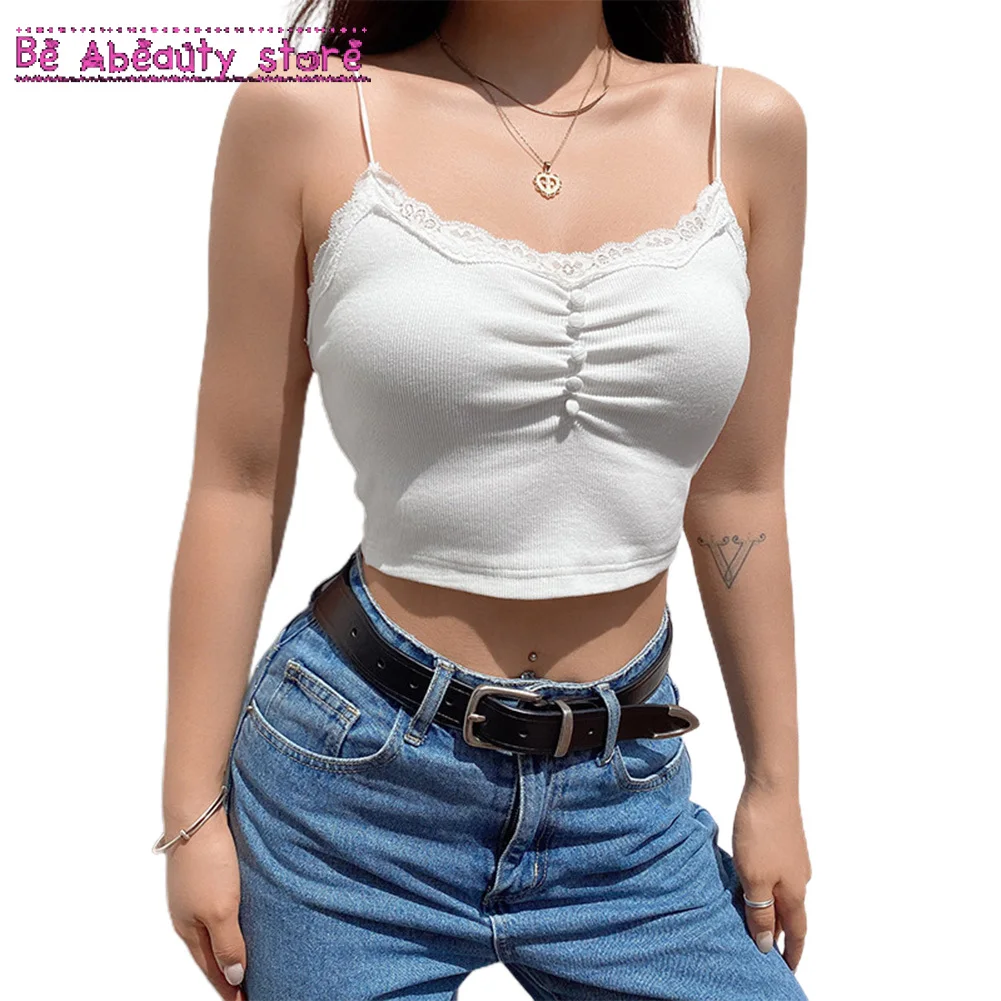 

Vintage Lace y2k Crop Tops Cami Tank Vest Halter V Neck Women Slim Drawstring Sexy Summer Sleeveless Irregular Camisoles