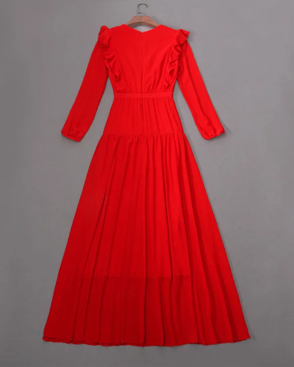 

European Style Dress 2021 Spring and Autumn Stars Same Style Elegant Dress Red Long Dress Fashion Simple Folds Dress for Women