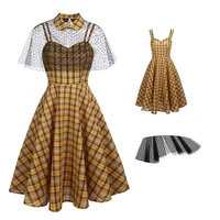 womens dress 1950s sleeveless strappy plaid print vintage retro cocktail swing party dresses with lace shawl
