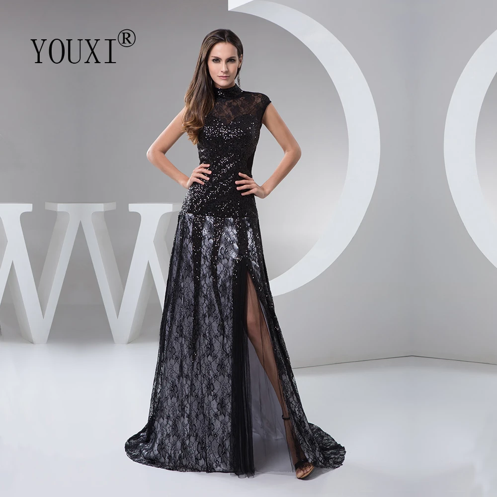 Женское вечернее платье черное кружевное с высоким воротником и блестками 2019 |