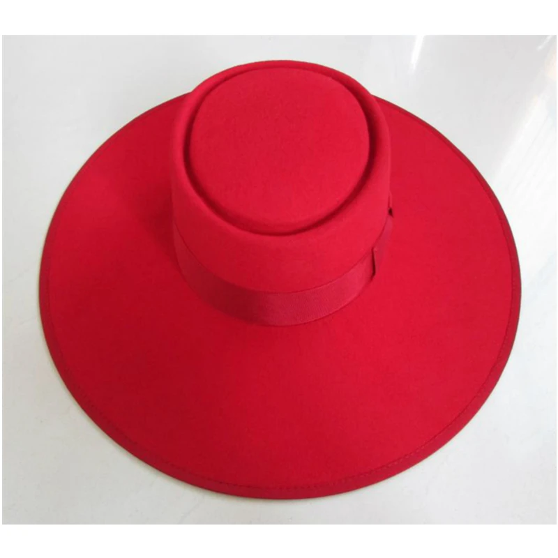 Red Hat 100%Wool Felt Flat Cap 11.5cm Fedoras Hat for Women Elegant Wool Hats Wide Brim Fedora