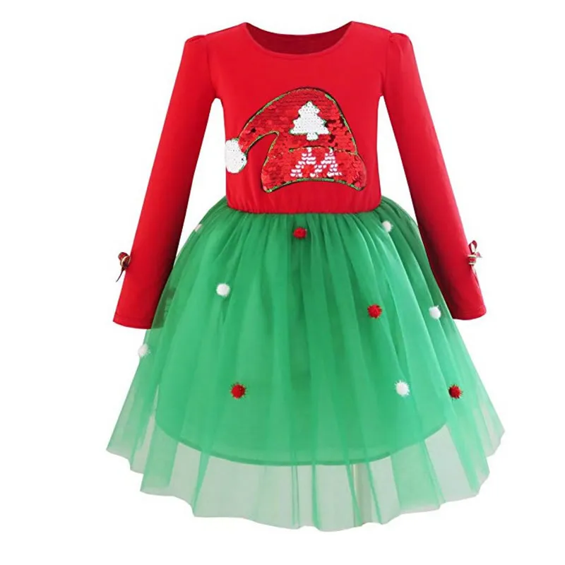 Kids Christmas Party Dress For Girl Lace Bow Ball Gown Chidlren Green Red New Year Costumes Santa Claus Print Theme | Детская одежда и