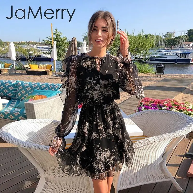 Женское мини платье с цветочным принтом JaMerry плиссированное праздничное v