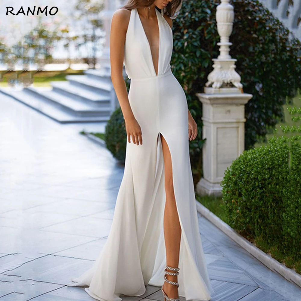

Halter Deep V Neck Mermaid Wedding Dresses High Split Floor Length Beach Bride Gowns Sexy Backless vestidos de novia