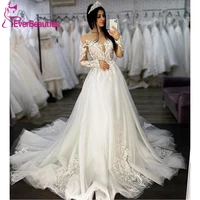 white long sleeves wedding dress tulle appliques floor length bridal gown a line chapel train custom made bride dress