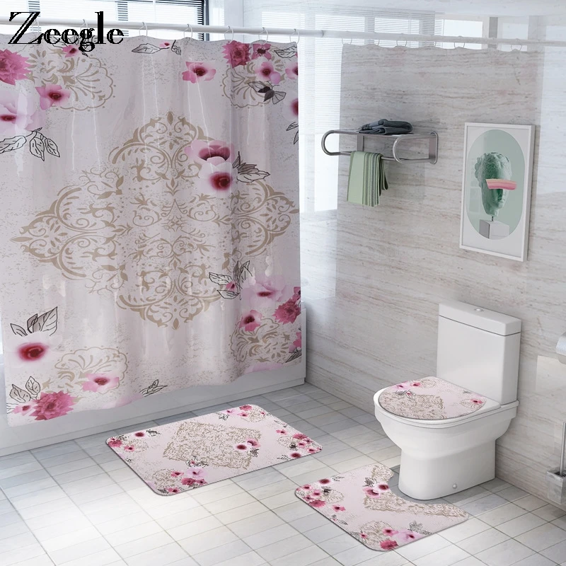 

Zeegle цветочный принт занавеска для душа для ванной комнаты чехол для унитаза нескользящий Европейский коврик для ванной набор впитывающие к...