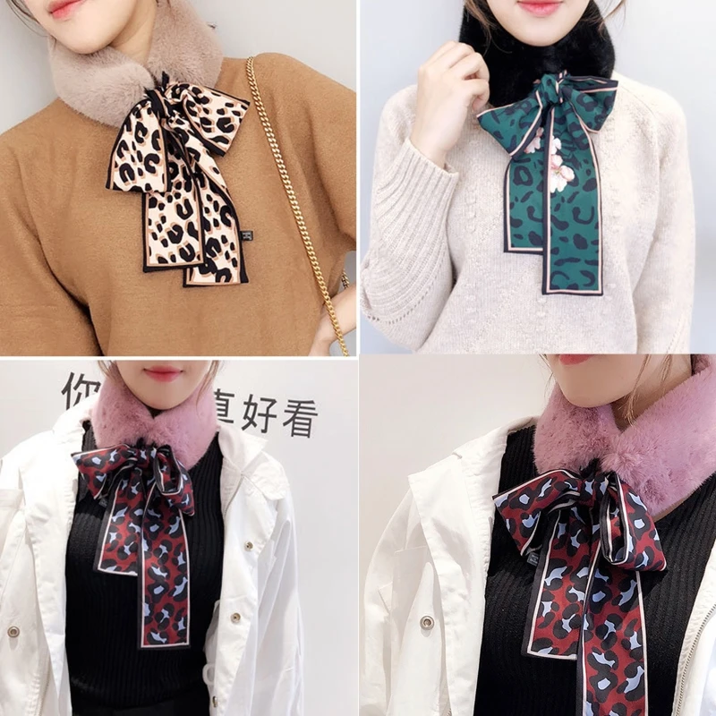 

Women Winter Fuzzy Plush Infinity Collar Scarf with Leopard Floral Print Ribbon Streamer Windproof Neckerchief Warmer