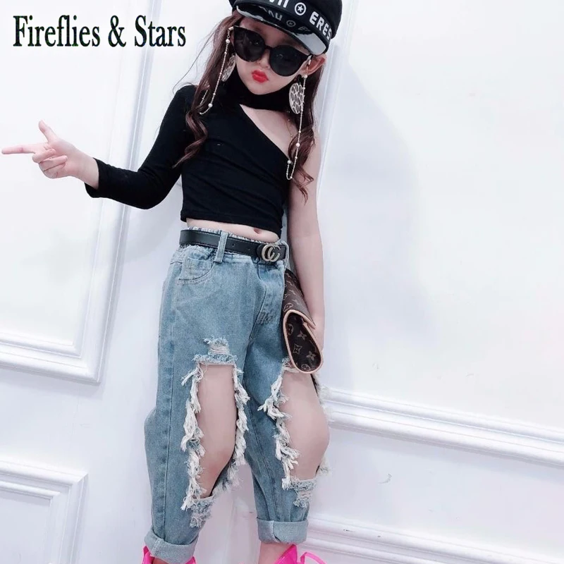 Летние джинсы для девочек детские джинсовые брюки уличная одежда модные рваные с