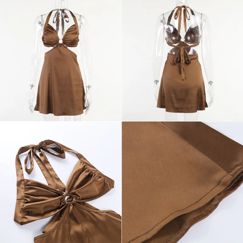 

Halter Satin Mini Dress Cut Out Backless Sexy Summer Dress Women 2021 Elegant Short Party Dress Beach