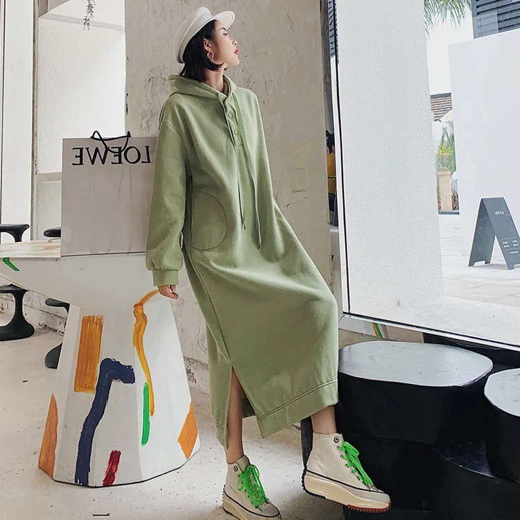 [EWQ] одноцветная длинная свободная толстовка с пряжкой на пуговицах 2019 осень зима