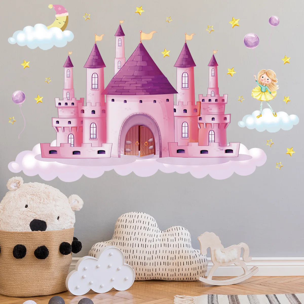 Pink Star Moon Castle Wall Stickers Children's Room Princess Bedroom Background Decoration Cartoon Wallpaper | Дом и сад