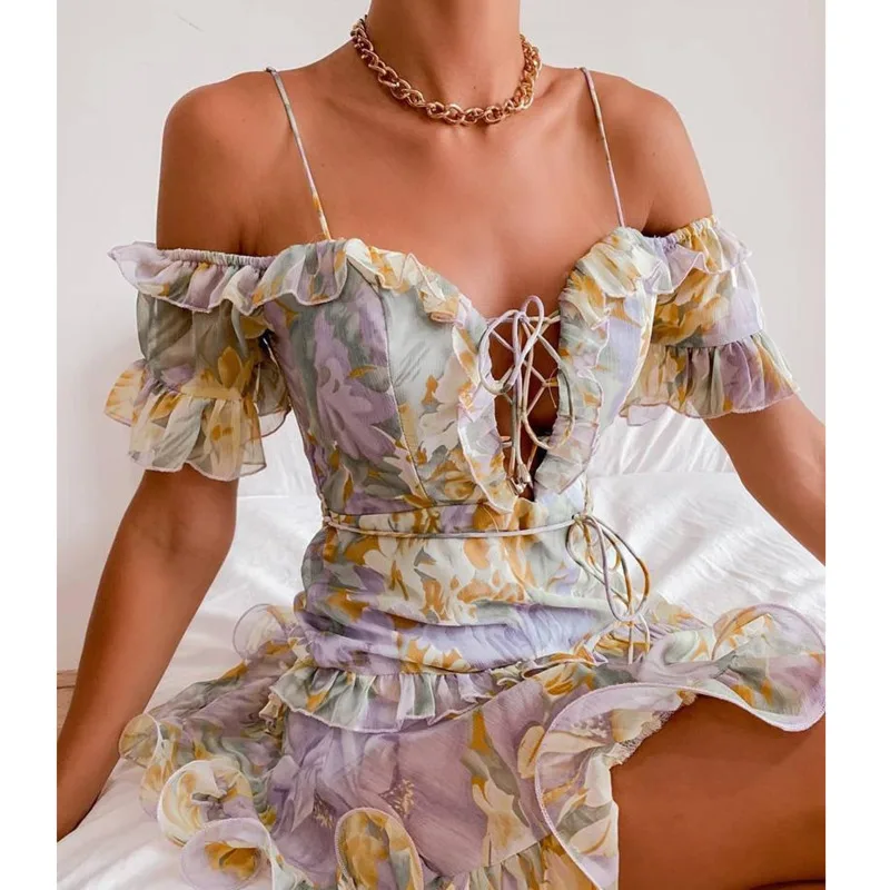 

Женское мини-платье с цветочным принтом, летнее пляжное платье с открытыми плечами, без бретелек, с коротким рукавом, со шнуровкой и оборкам...