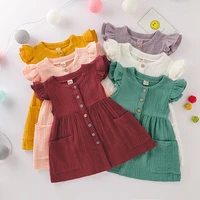 kid girls summer dress fly sleeve round neck solid color button dress fashion a line cotton linen princess dresses
