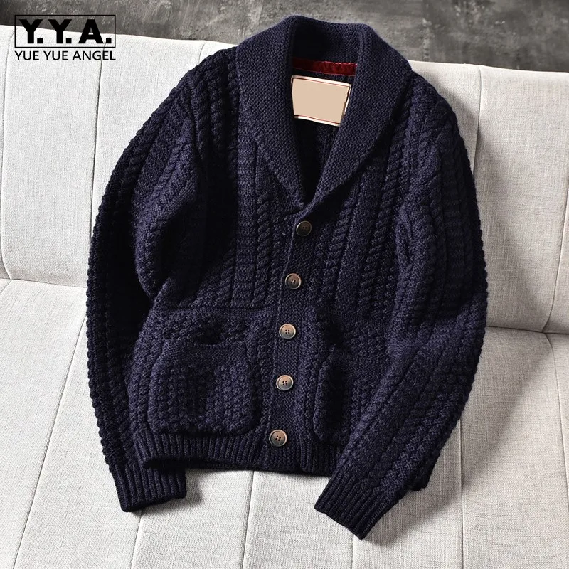 

Мужской однобортный Кардиган с воротником с лацканами и карманами, свитер с V-образным вырезом, Повседневная вязаная кофта в Корейском стил...