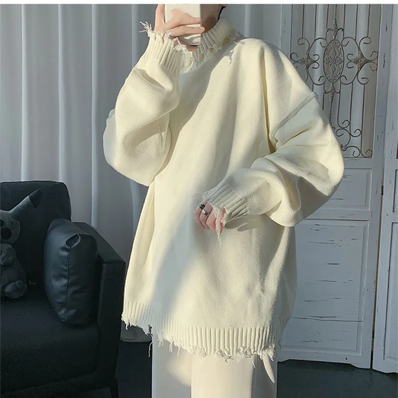 

Свитеры для мужчин и женщин, нестандартные потертые свитеры с рваными краями, Свободный пуловер с полувысоким воротником на осень и зиму