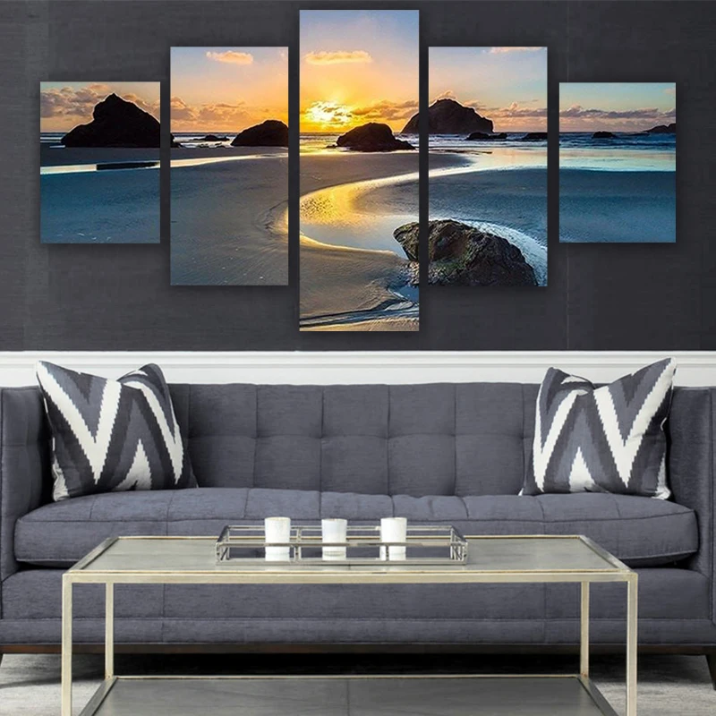 

5 Piece Wall Art Canvas Painting Seascape Sunset on the Coast Poster Modern Decorative Framework Child Room Living Room Pictures