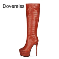 dovereiss fashion womens shoes winter pointed toe sexy zipper new pure color brown stilettos heels knee high boots 44 45