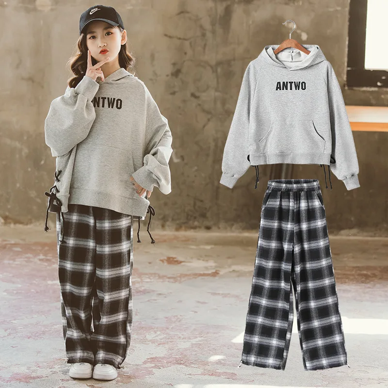 

New Plaid Spring Autumn Teens Children Clothes Baby Girls Letter Suit Sweatshirts+ Pants Kids Toddler Outwear High Quality