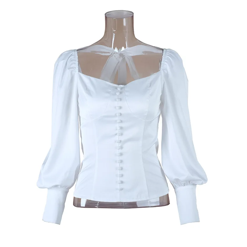 

Square Collar Puff Sleeve Lace Up Buttons Blouses Shirts Women Short Sexy Casual Backless Elegant Blusa Woven Autumn White Tops