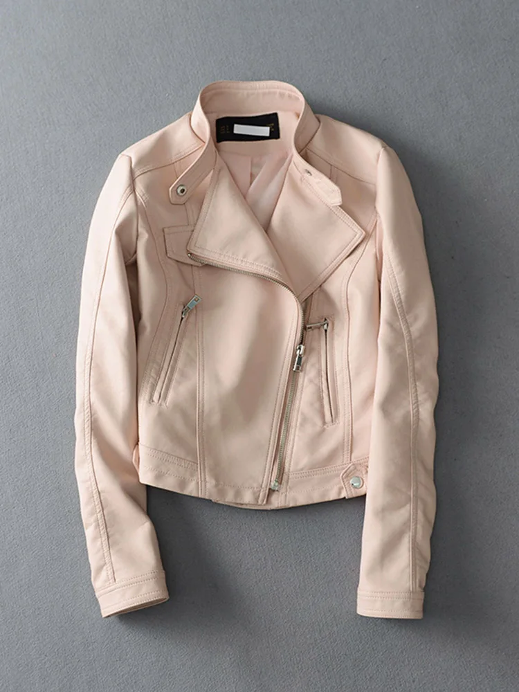 

Женские кожаные куртки на молнии с отложным воротником, повседневный стиль, универсальная однотонная Офисная Женская верхняя одежда, пальт...