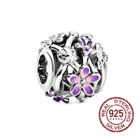 2021 spring 925 sterling silver beads purple flowers two tone charm fit original pandora bracelet women jewelry gift