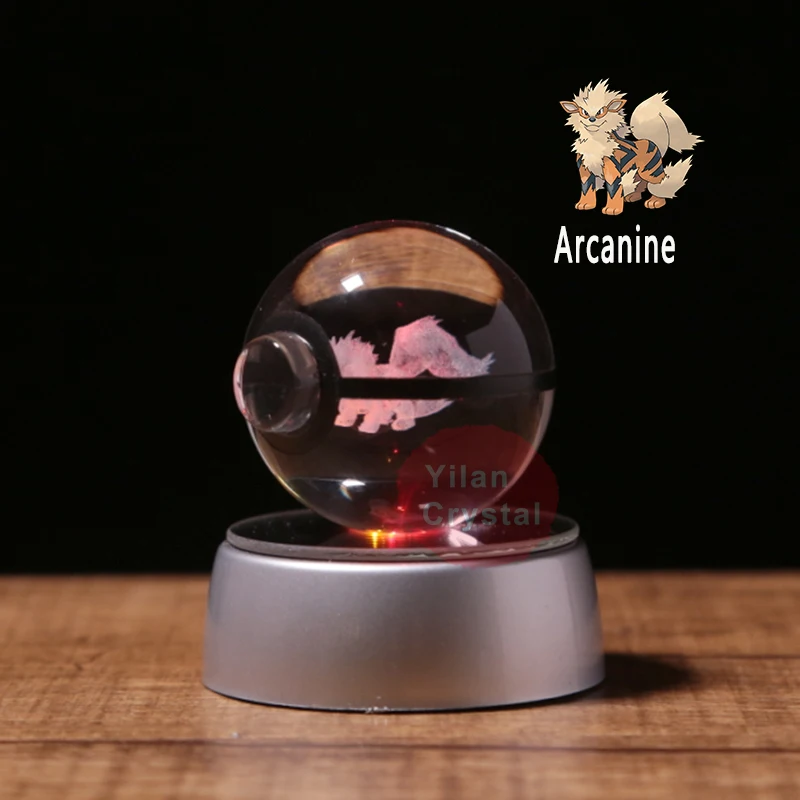Anime Pokemon Arcanine 3D Crystal Ball Pokeball Anime Figures Engraving Crystal Model with LED Light Base Kids Toy ANIME GIFT