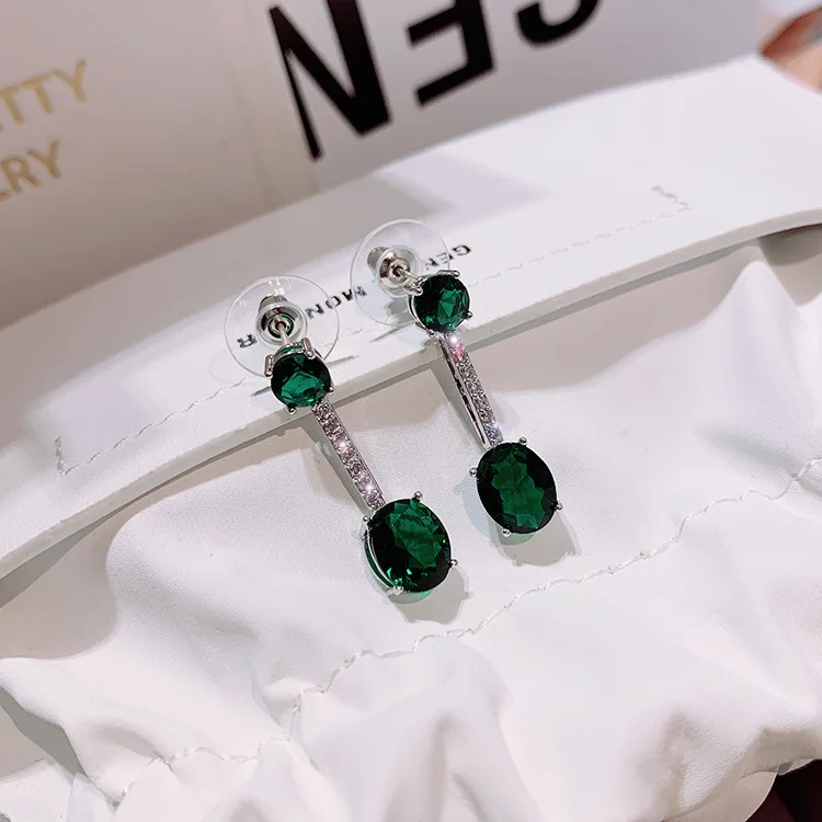 

New Style 925 Silver Jewelry Ladies Retro Jade Earrings Sparkling Green Crystal AAAA Zircon Atmospheric Long Earrings