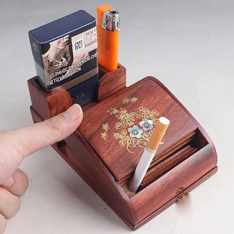 

Solid Wood 16 Regular Cigarettes Case Box Holder Automatic Ejection Case Lighter Storage Box with Flower Pattern for Smoking