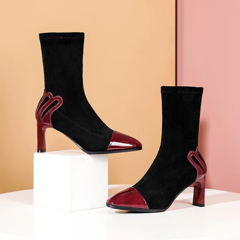 

Newest Winter Wedding party Women Boots Fashion Ladies Ankle Boots patchwork Leather High Heels Shoes Woman size 41 42