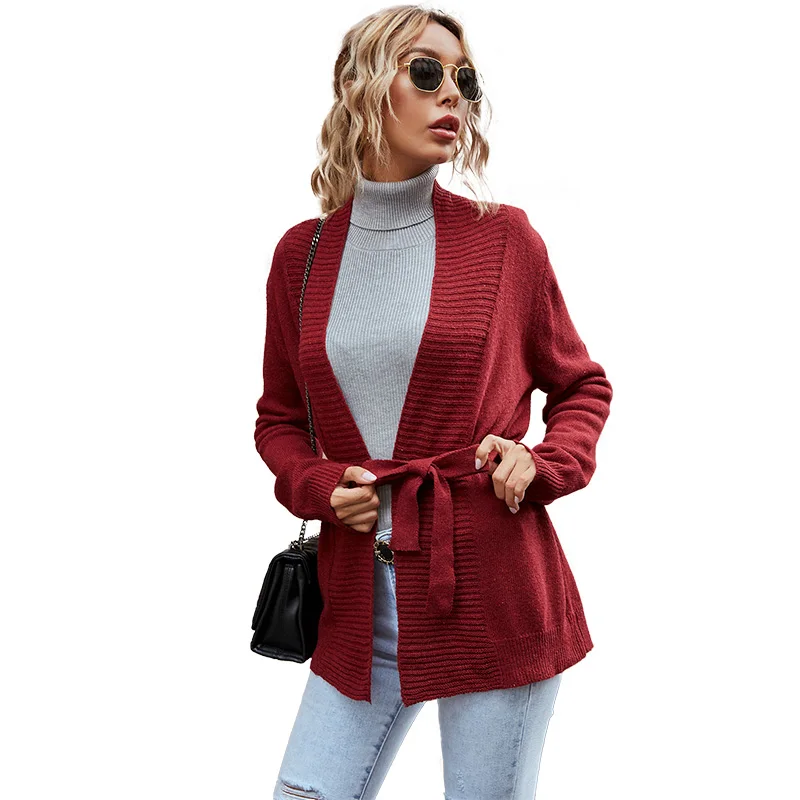 

Long Sleeve Knitted Cardigan Loose Sweater Women Wine Red Crochet Coat With Waist Belt Office Lady Casual Warm Tops