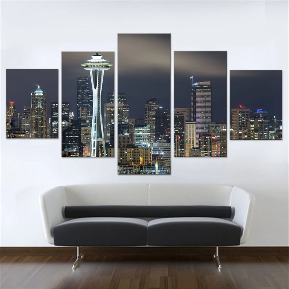 

HD Printed Painting On Canvas Poster Artworks 5 Panel Seattle City Night View Modern Home Wall Art Decor Frame Art Pictures