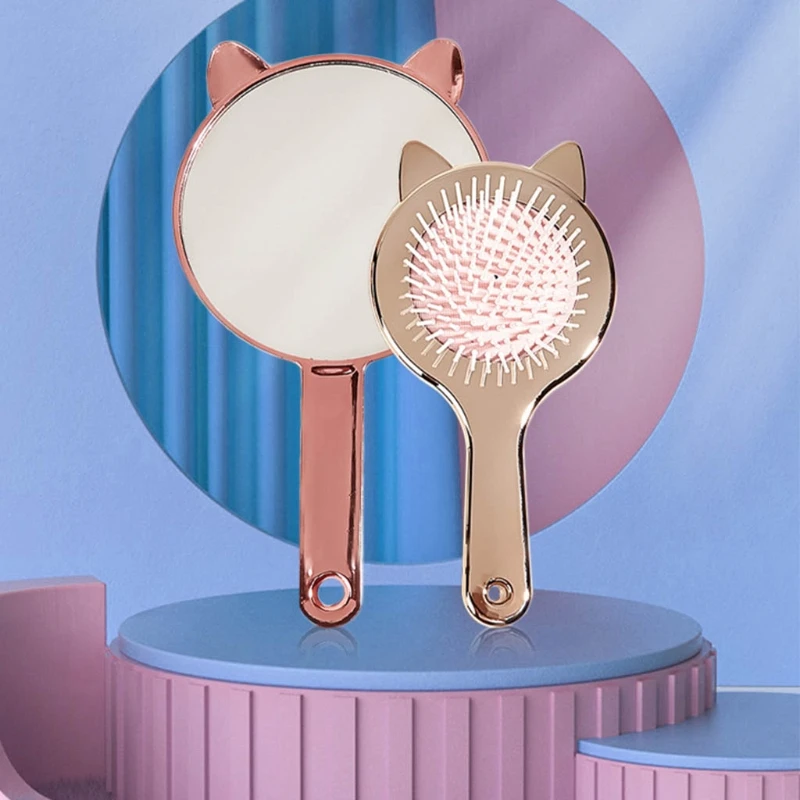 

Y98B Kawaii Paddle Hair Brush Mirror Set Detangling Hairbrush Massage Styling Combs