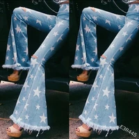 summer womens star print sexy ripped fringed jeans 2022 summer oversize high waist slim elegant flared jeans harajuku pants