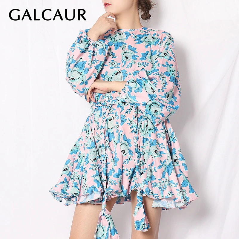

GALCAUR Print Dress For Women O Neck Lantern Long Sleeve Hit Color High Waist Sashes Loose Bohemian Mini Dresses Female 2021 New
