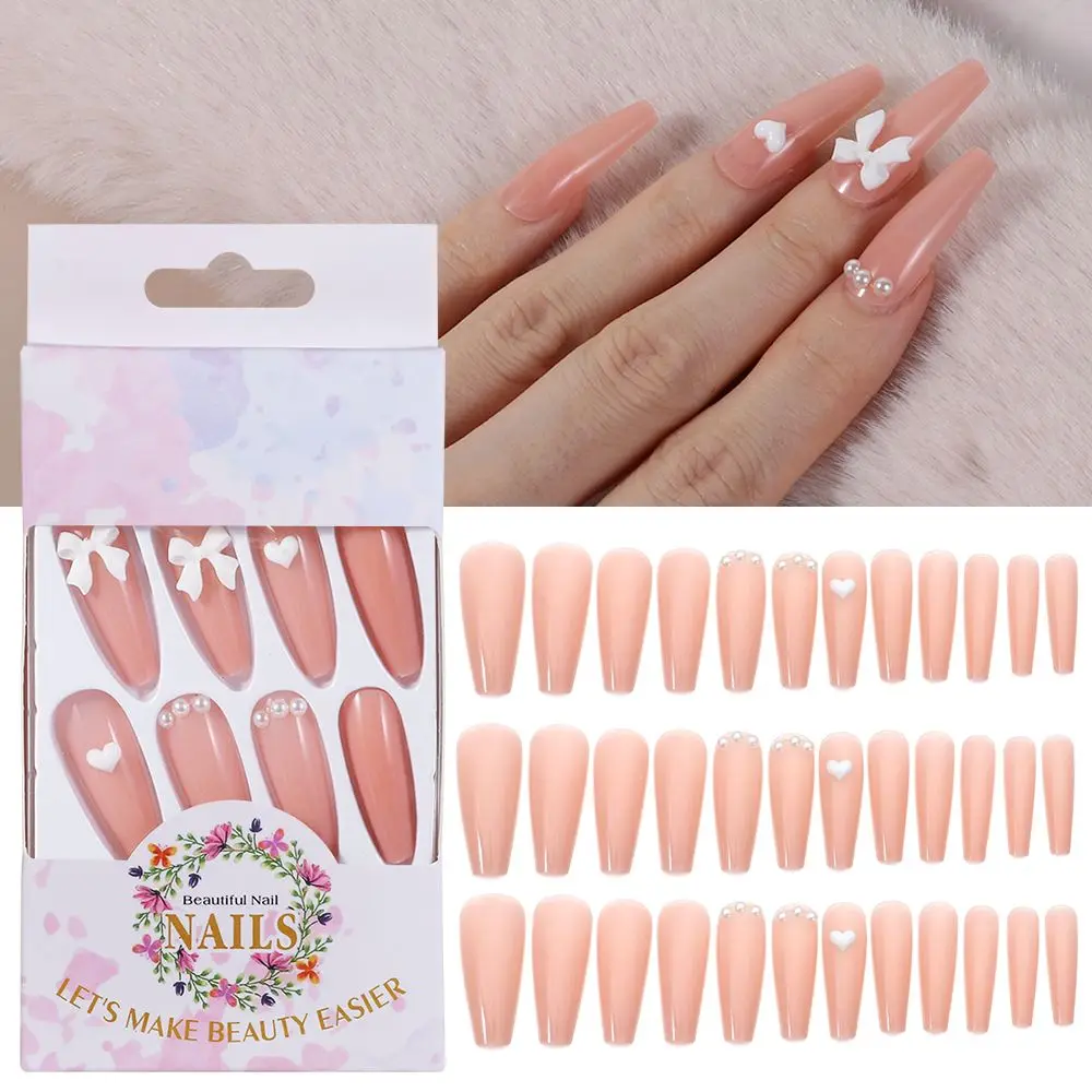 

Искусственные ногти для дизайна ногтей с изображением любовного сердца телесного розового желеобразного жвачка банта искусственные ногти