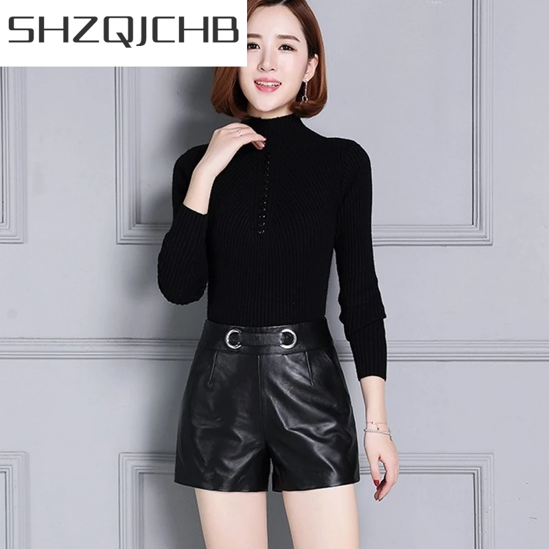 

JCHB 2021 Wide Leg Women Black Shorts Casual Fashion Real Leather High Waist Office Ladies Soft Trousers Sheepskin Straight Pant