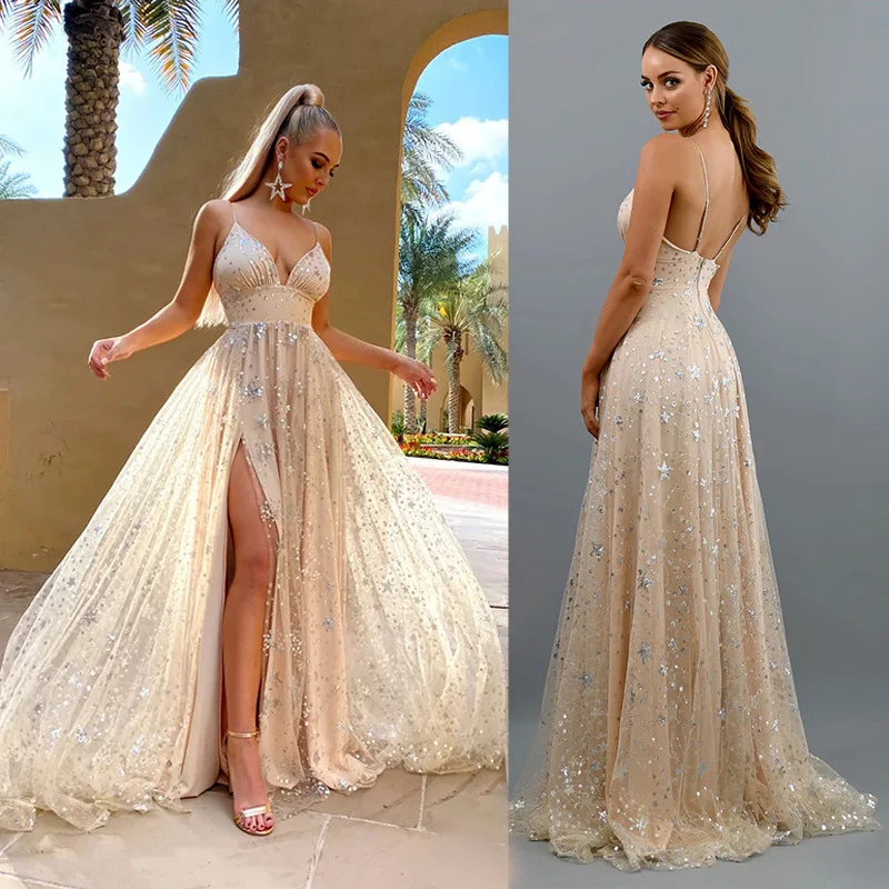 

Sequin Metallic Spaghetti Strap Dress 2022 Summer Long Evening Maxi Party Floor Length Dress Night Club Elegant Dress