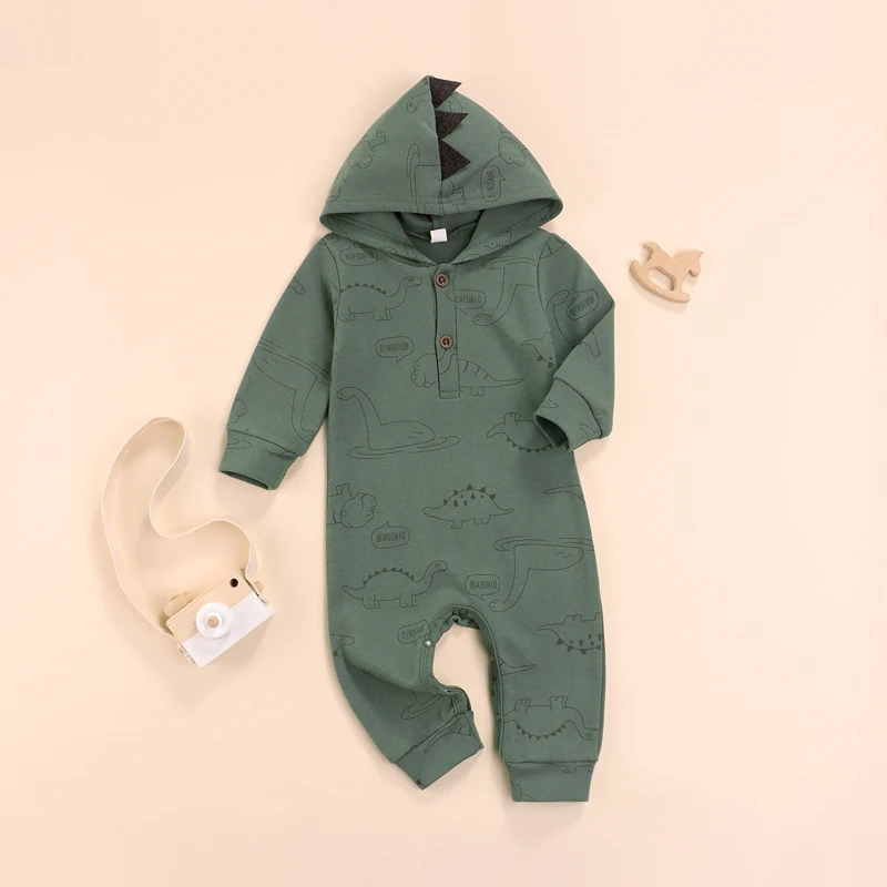 

Infant Baby Boy Romper Kids Cartoon Dinosaur Print Long Sleeve Hooded Jumpsuit Playsuits for Spring Fall 3-24 Months