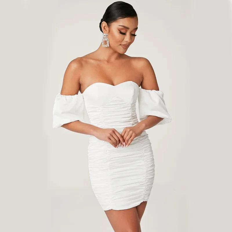 2020 new hot summer one line chest wrap skirt slim fit Hip Wrap Skirt sexy open back pure white breathable pleated women's dress | Женская