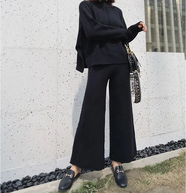 

Knitting Female Sweater Pantsuit For Women Two Piece Set Knitted Pullover V-neck Long SleeveTop Wide Leg Pants Suit