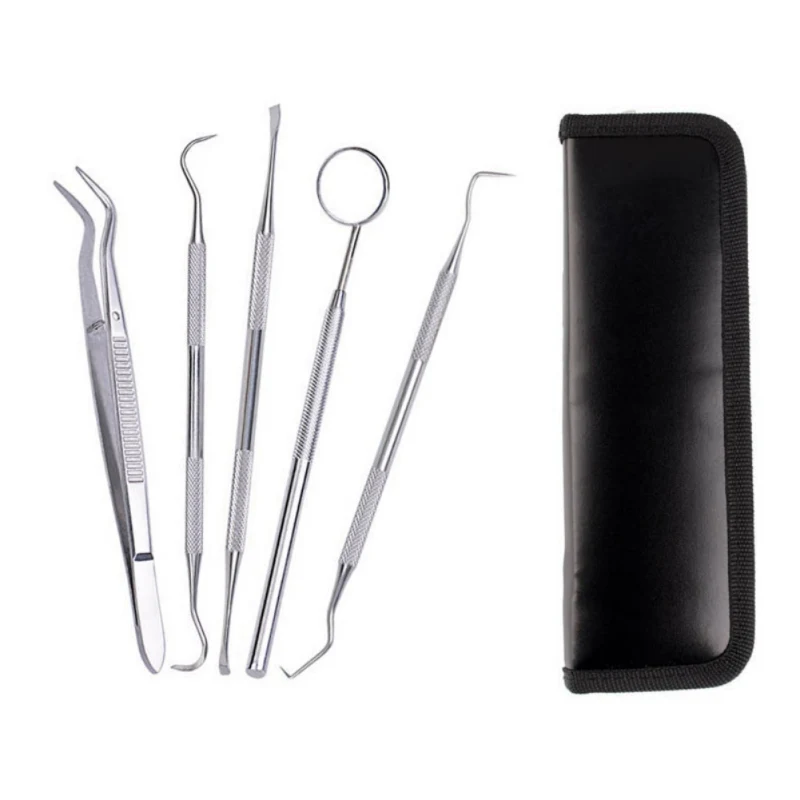 

5 Pieces Dental Dentistry Tools Stainless Steel Tweezers Mouth Mirror Probe Clean Handle Mirror To Remove Dental Calculus
