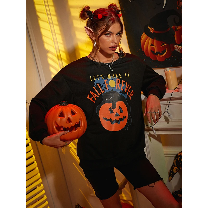 

Fashion Hoodie Pullover Long-sleeve Halloween Womens New Winter Autumn O Neck Blouse Stream Sweater Devil Skeleton Print Hoodies