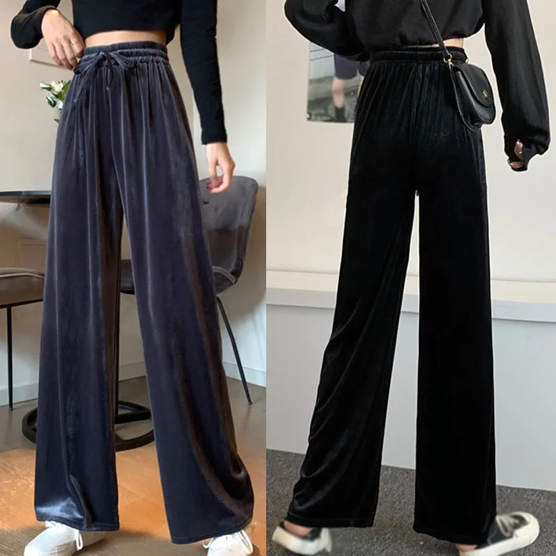 

Lazy Style Gold Velvet High Waist Drape Wide-leg Pants Women Loose Casual Elastic Waist Long Pants Solid Color Trousers Pants/