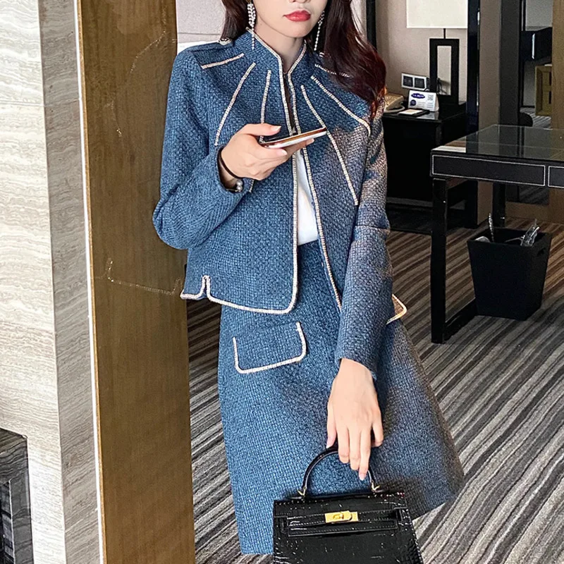 

Женский твидовый костюм с цепочкой, топ + трапециевидная мини-юбка, комплект из 2 предметов, Осень-зима