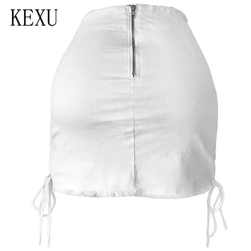 

KEXU White Lace Up Denim Skirts Tassel Women High Waisted Button Zipper Pockets Female Washed Plus Size S-XXL Sexy Skirt